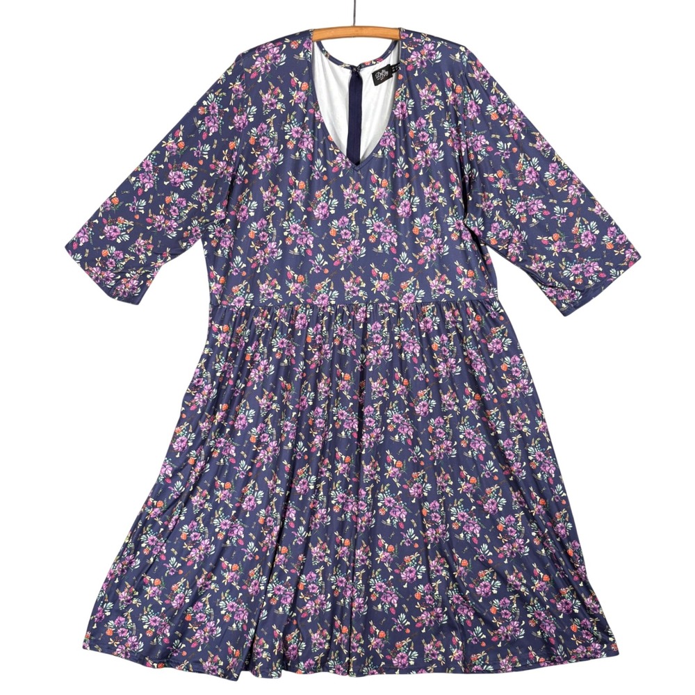Dolly and Dotty Billie Purple Floral Dragonfly V-Neck Midi Dress Plus Size US 22